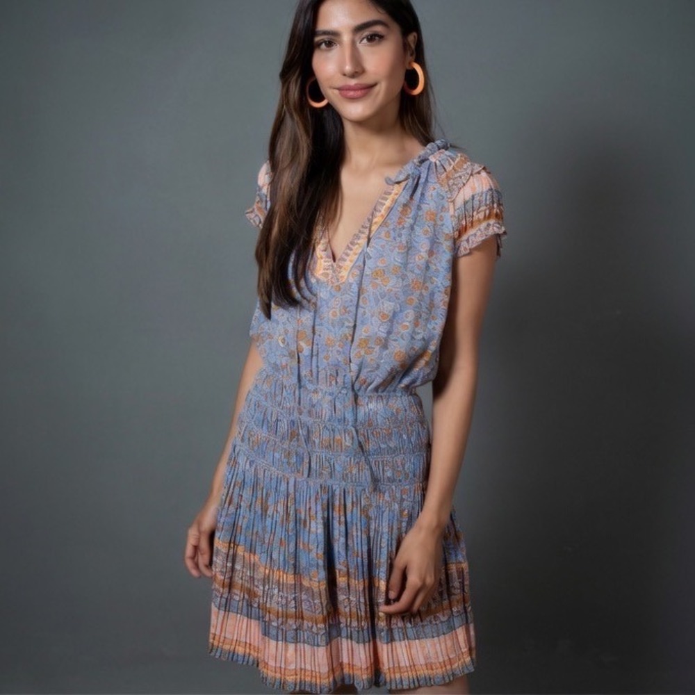 Current Air by Anthropologie Yvette Blue Floral Smocked Pleated Mini Dress Small